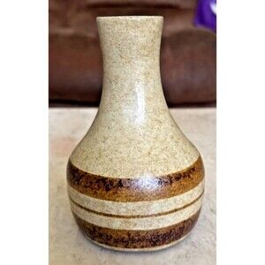 Vintage Pottery Craft USA Vase Stoneware MCM 6" Rustic Tan Brown Stripe